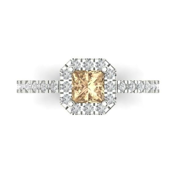 0.89 ct Princess Cut Yellow Moissanite with Simulated Diamond Halo Accents 18K White Gold Womens Engagement Ring