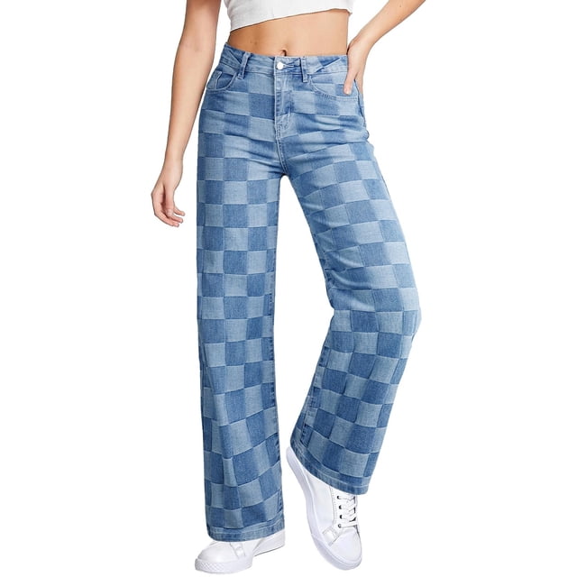 Jeans Sidefeel para mujer, pierna ancha, cintura alta, a cuadros, azul