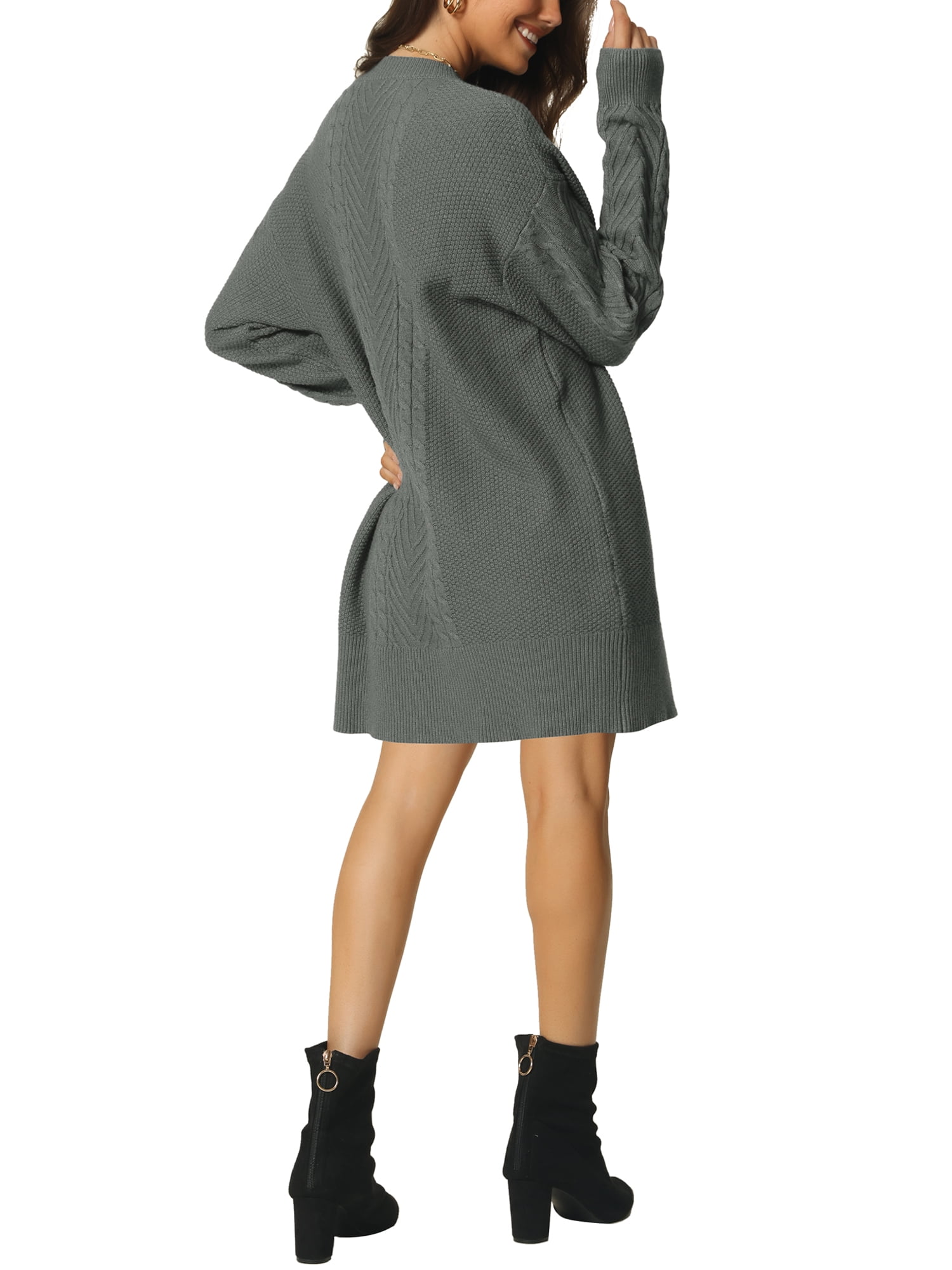 Unique Bargains Womens' Textured Long Sleeve Above Knee Casual Sweater Dress M Grey