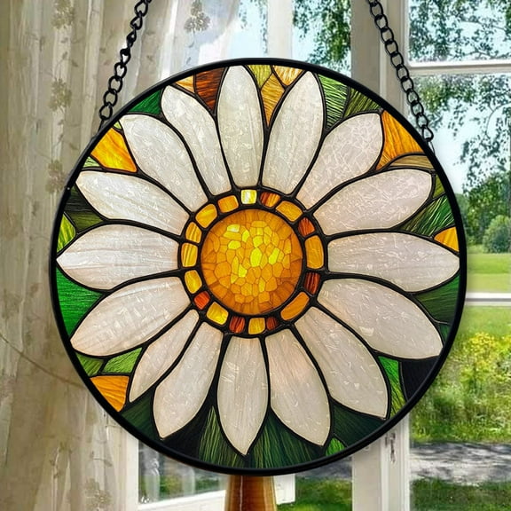 Stained Glass Window Hanging - Yellow White Daisy Flower Suncatcher for Door Garden Home Sun Catchers Decoration Christmas Mother's Day Birthday Gifts for Women Men Mom Nana