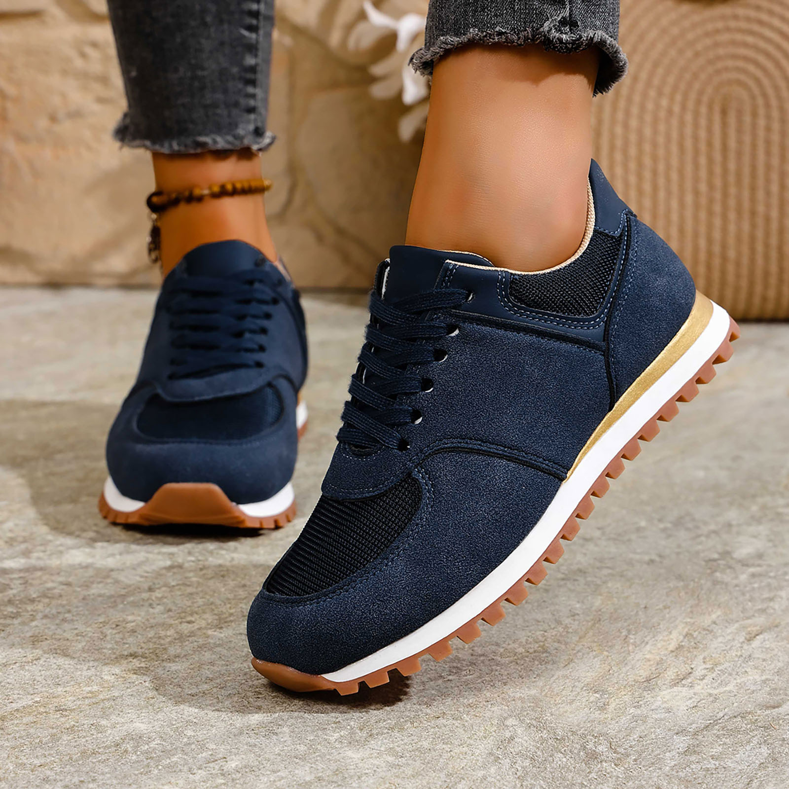 Dakaela Womens Fashion Sneakers 2025 Suede Classic Tennis Running Shoes Lace up Non Slip Trainer Walking Shoes Navy 8.5