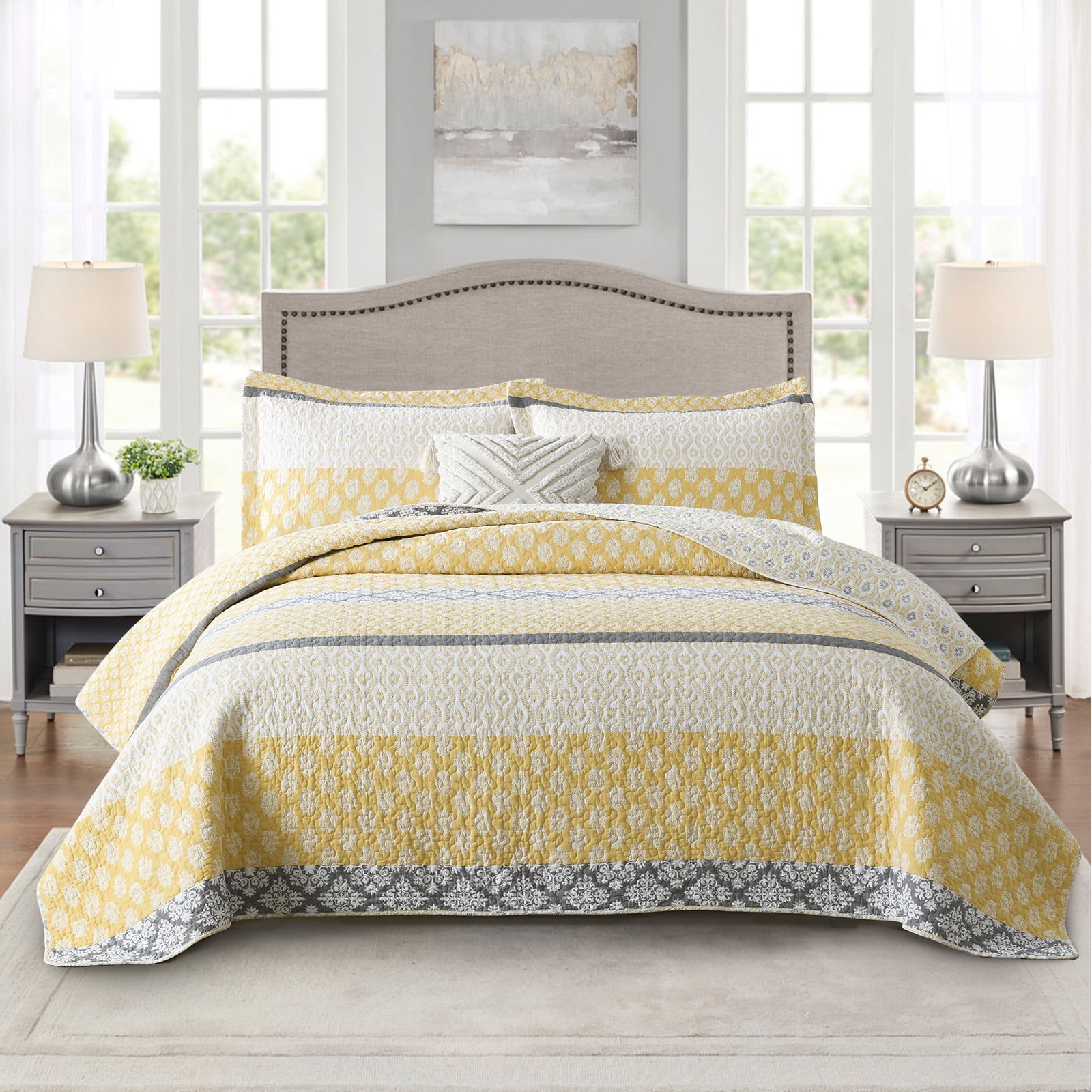 PANGUSHAN 100% Cotton Yellow Quilt King Size, King Quilt Bedding Set Quilted Bedspreads, Lightweight Reversible Floral Comforter for King Bed, All Season, Yellow/Gray, 3 Pieces