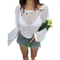 thumbnail image 1 of Haut Court au Crochet en Résille pour Femme à Manches Longues, Col Rond, Transparent, Ajouré, en Maille, par-Dessus de Bikini, Blanc, P, 1 of 8