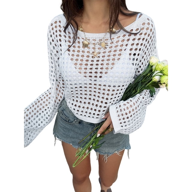 Haut Court au Crochet en Résille pour Femme à Manches Longues, Col Rond, Transparent, Ajouré, en Maille, par-Dessus de Bikini, Blanc, P