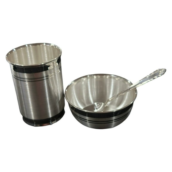 999 Pure Silver Hallmarked 250ml Glass, 180ml Bowl & Spoon for Kids - Designer Set#03