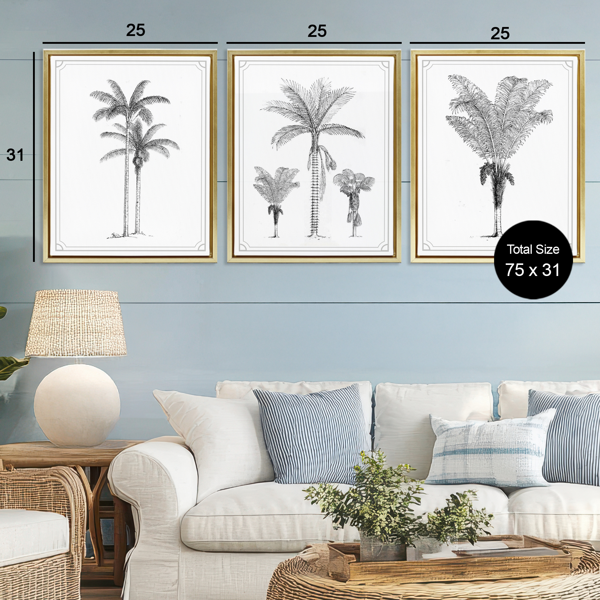Minimal Vintage Palm Tree Sketches 3 Piece Gold Framed Floater Canvas Set, design by Lettered and Lined