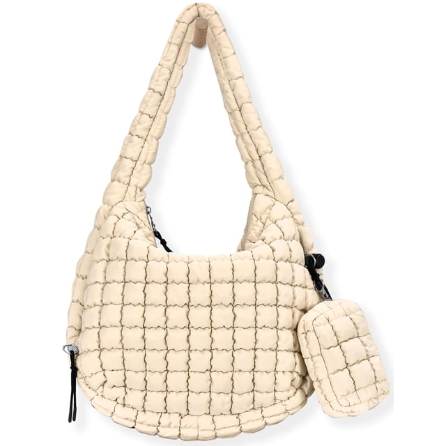 Bolso de mano GASSDA de nailon acolchado para mujer, color beige, con bolsa de maquillaje