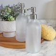 thumbnail image 2 of Cornucopia Brands Frosted Glass Soap Dispenser w/Stainless Steel Pumps (White Frosted, 16-Ounce, 2-Pack); Boston Round Bottles w/Lotion Pump Tops and Caps, 2 of 10