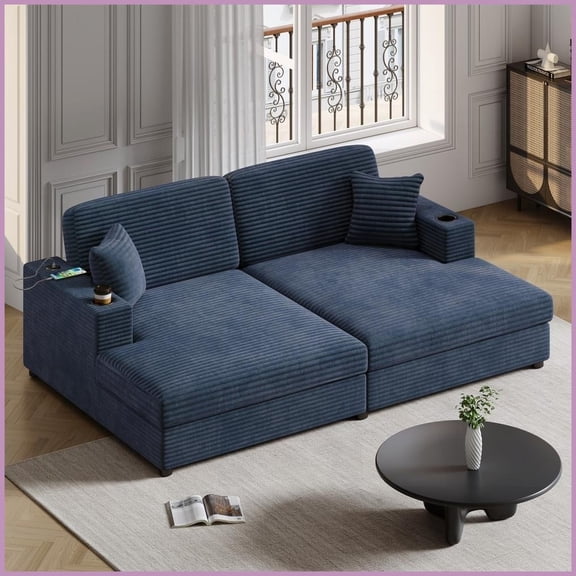 Modern 86.5" Corduroy Oversized Loveseat Chaise Lounge with USB Ports & Cup Holders – Blue for Living Room Bedroom