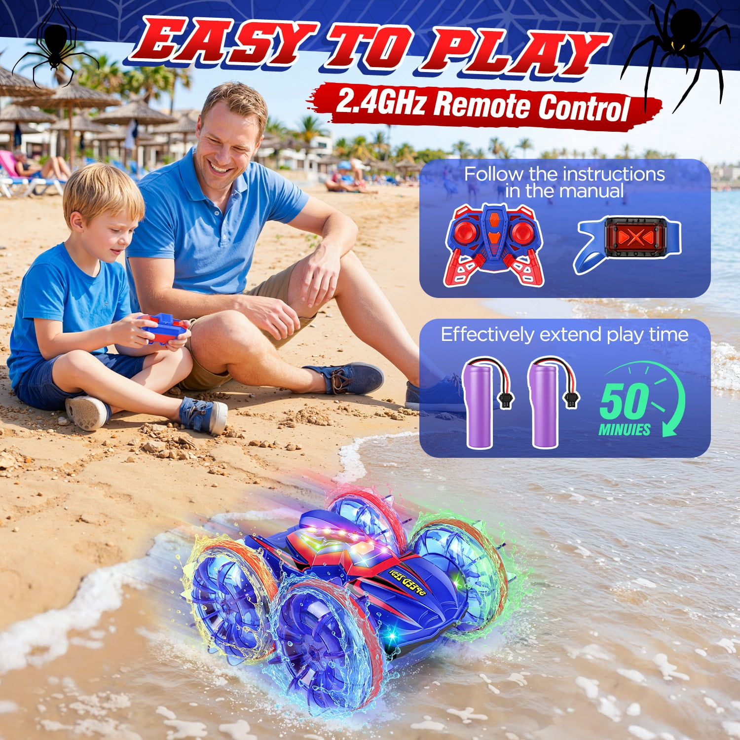 Carsky Amphibious RC Stunt Car for Kids, 2.4G Spider-Style Remote Control Car with Gesture Watch, Double-Sided Driving, LED Lights, Waterproof All-Terrain Toy Gift for Boys & Girls