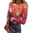 thumbnail image 3 of Halloween Shirts for Women Long Sleeve Slim Fitted Funny Cartoon Ghost Tunic Tops Party Spring Day Crew Neck Ribbed Tee Tops Earthy Yellow L, 3 of 7