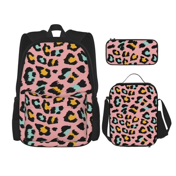 Disketp Leopard Mochila Estampada de Gran Capacidad con Lonchera y Estuche, Set de 3 Piezas para Estudiantes
