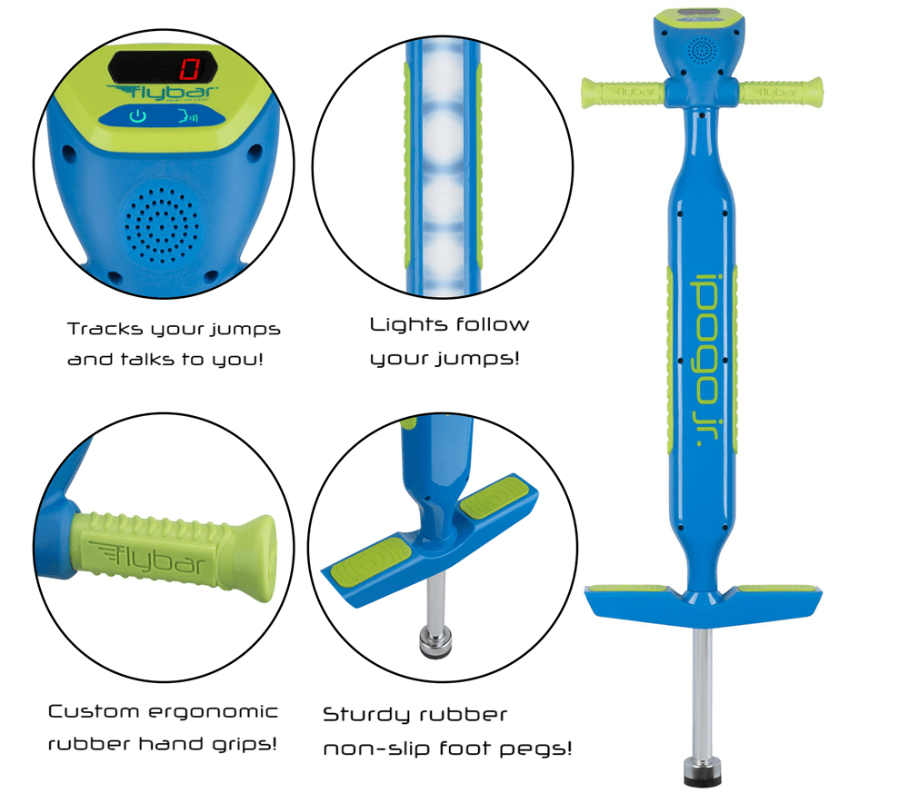 Pink and Blue Renewed Interactive Pogo Stick for Kids Boys & Girls Ages 5+ 40 to 80 lbs Pogo Counter Screen and Talks As You Jump Rubber Hand Grips & Non Slip Foot Pads Flybar iPogo Jr 