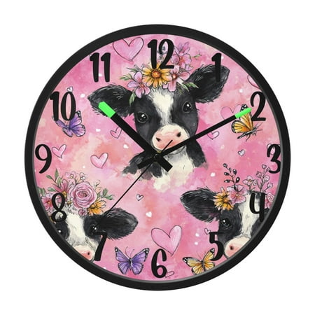 RMDQTR 12 Inch Sound-Activated LED Night Light Wall Clock Silent Sweep Movement Acrylic Face Battery-Operated for Bedroom/Living Room/School / Cute Baby Cows with Flowers