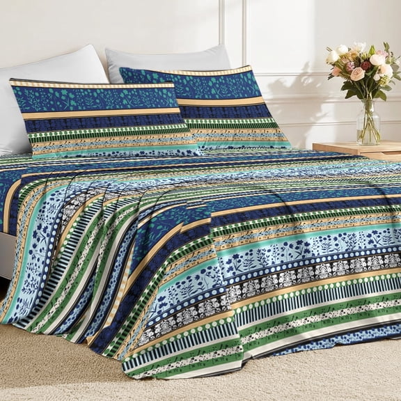 Flymme Bohemian Sheet Set Queen Size,4 Piece Green & Blue Floral Strip Bed Sheets for Bedroom Decor,Soft and Breathable Bedding Sets All Season