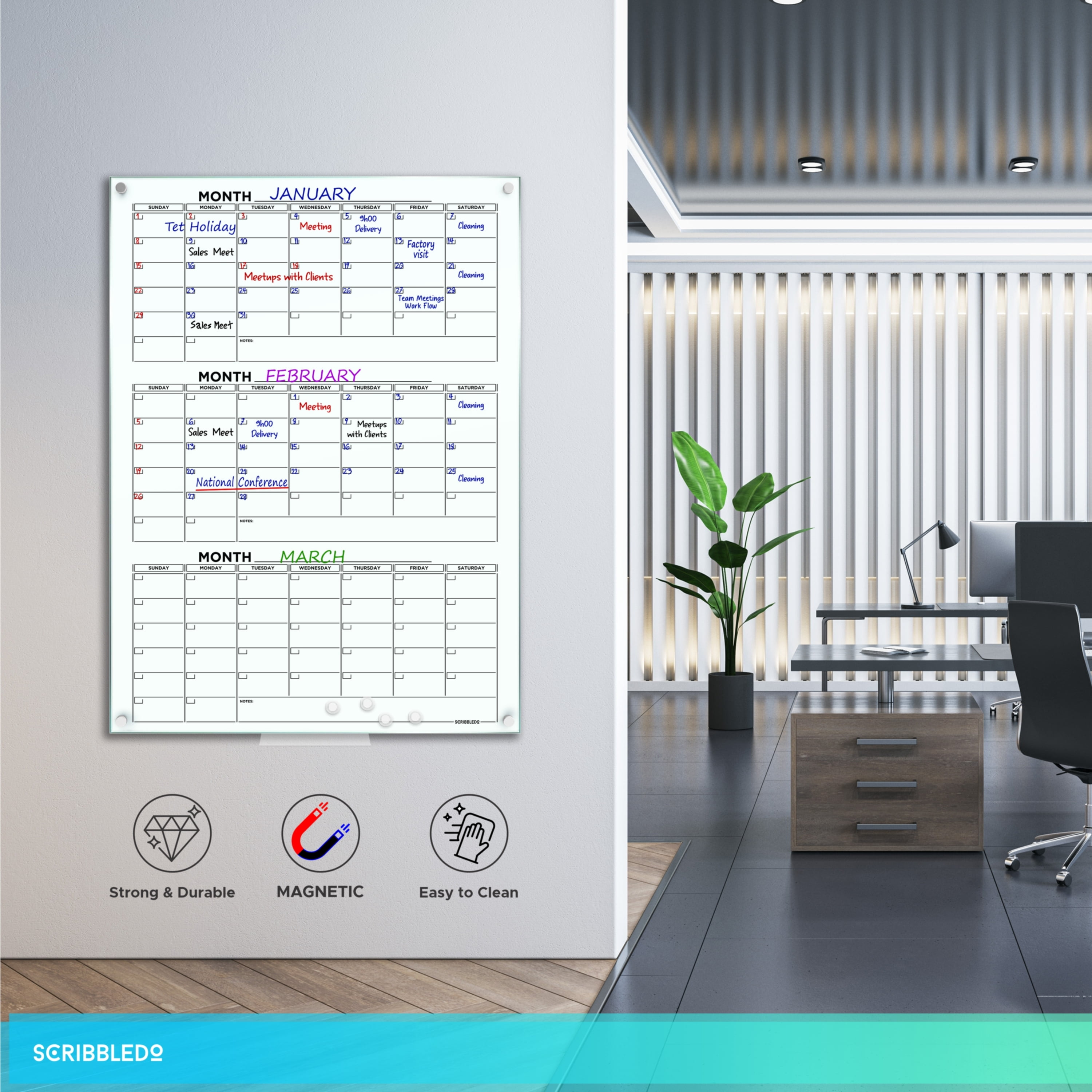 Glass Whiteboard Calendar 34x46” Quarterly Planner White Board Calendar Dry Erase Board 3 Month Dry Erase Calendar for Wall Glass Calendar Whiteboard Home office Large Wall Calendar & Marker Tray