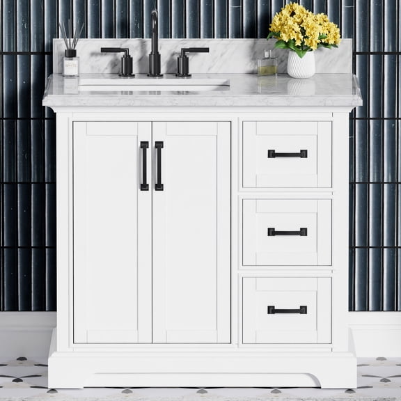 Rhoda 36" Single Bathroom Vanity, 37" W x 22" D x 34.5" H, Carrara Marble Top, Sink & Backsplash, White, Solid Wood, Pre-Assembled, Soft-Closing Drawers and Doors, Built-in Power Outlets