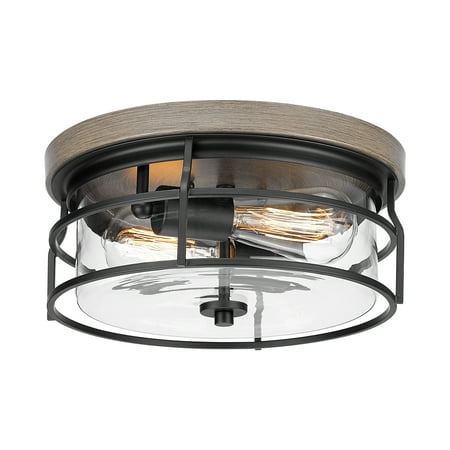 

Black Wood 2 Light Flush Mount Ceiling Light Fixture 12inch Farmhouse Vintage E26 Close to Ceiling Lights Clear Glass Kitchen Bedroom Foyer Hallway Stairway Entryway Ceiling Lighting