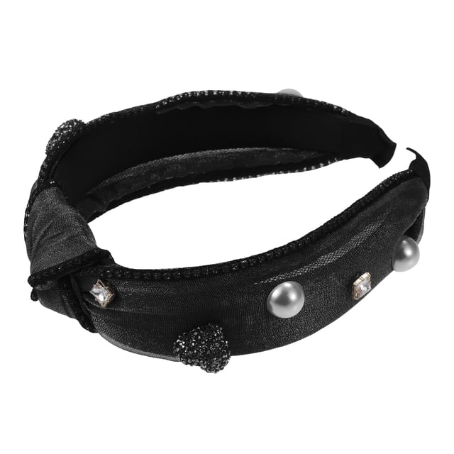 1 diadema de malla con perlas sintéticas y diamantes de imitación, diadema acolchada brillante, diademas de cristal sintético, accesorios para el cabello para mujeres, negro, 1.3 pulgadas de ancho