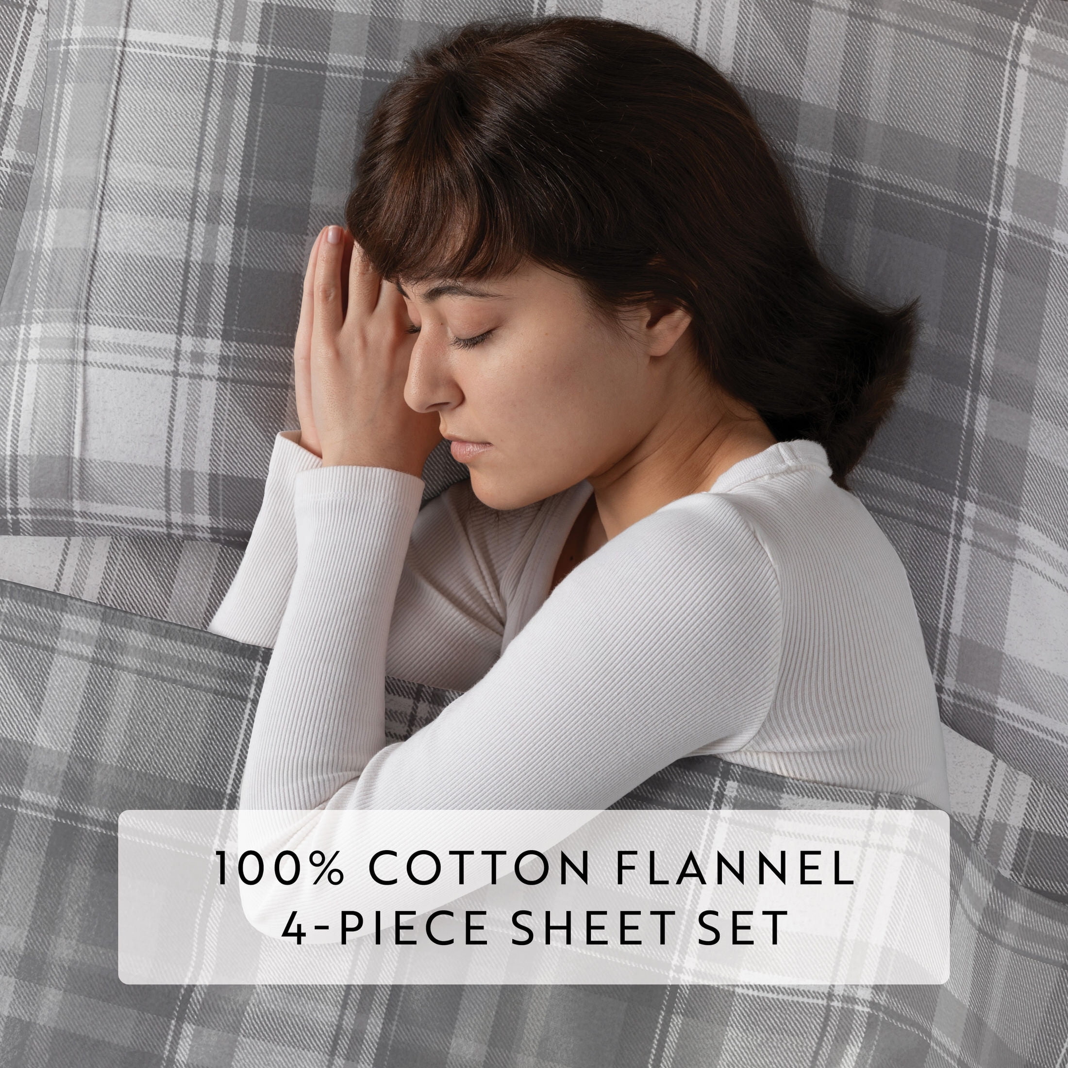 Light Grey Plaid 4 Piece 100% Cotton Flannel Deep Pocket Sheet Set, Twin, by Noble Linens