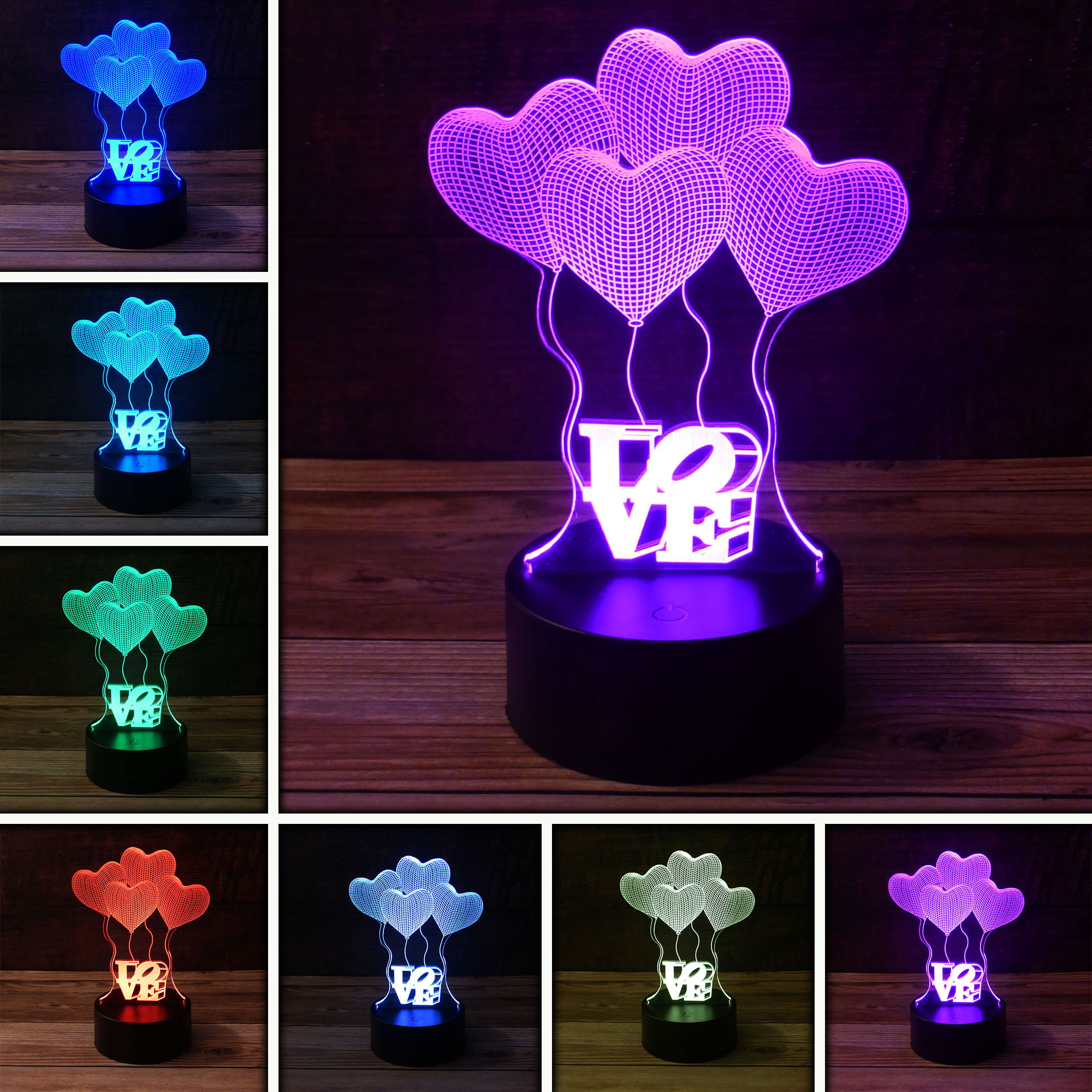 Romantic Heart Balloon 3D Illusion Lamp Led Night Light 7 Colors Flashing USB...