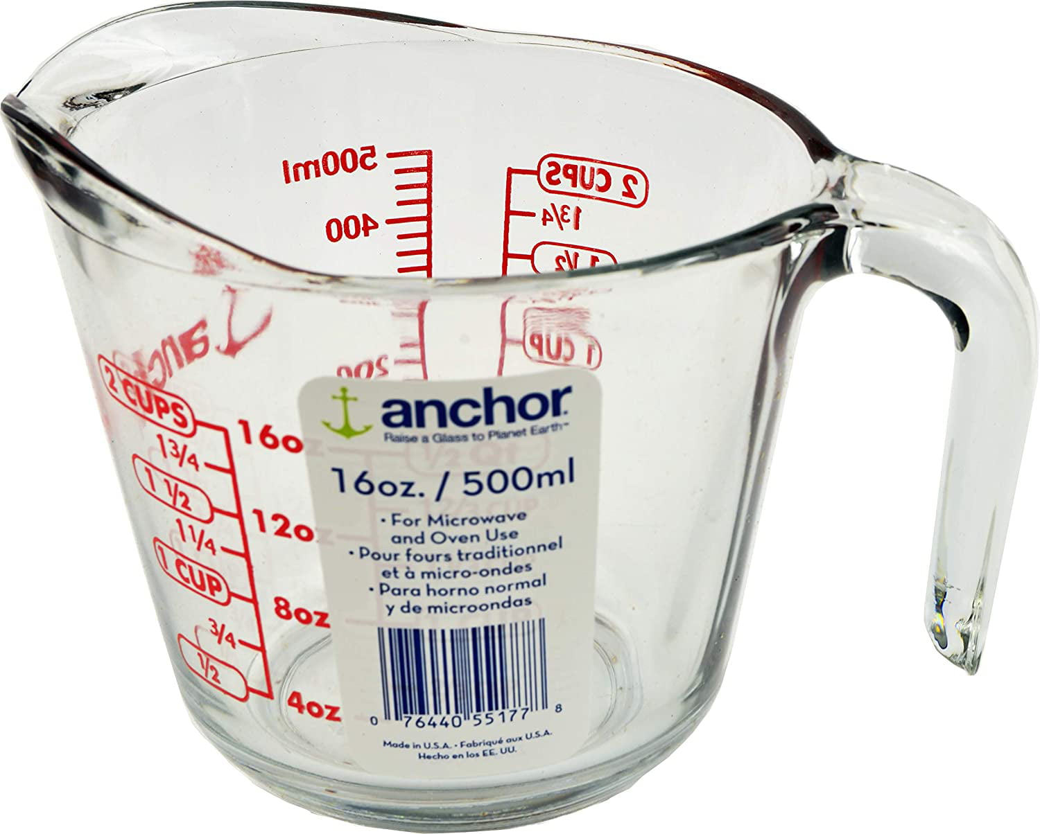 Anc-9439 Anchor Hocking 2 Cup clear glass with red lettering Glass Measuring Cup 16 Ounce 