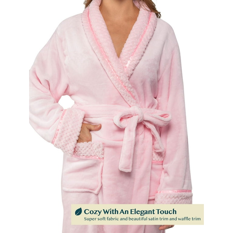 PAVILIA Soft Plush Women Fleece Robe, Pink Cozy Bathrobe, Female Long Spa  Robe, Warm Housecoat, Satin Waffle Trim, L/XL 