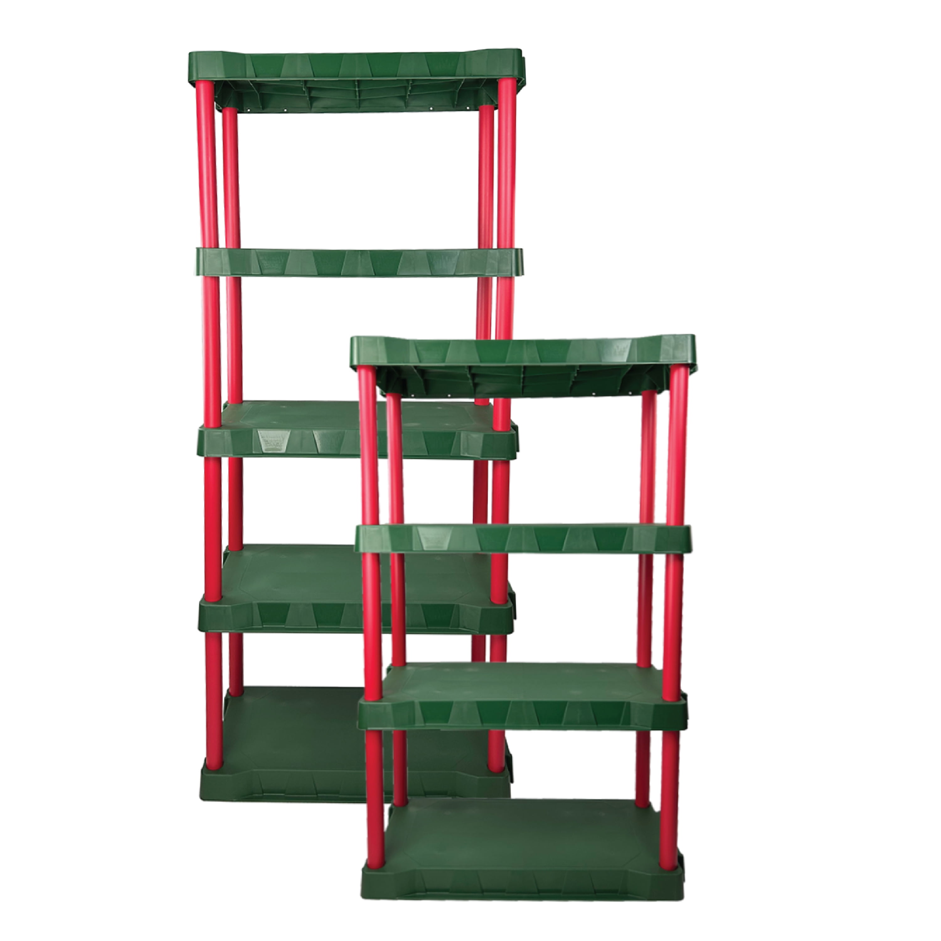 (2 pack) Santa's Little Shelves 13.88"D x 30"W x 68.8"H 5-Shelf Plastic Garage Storage Shelves, Red and Green, Adult