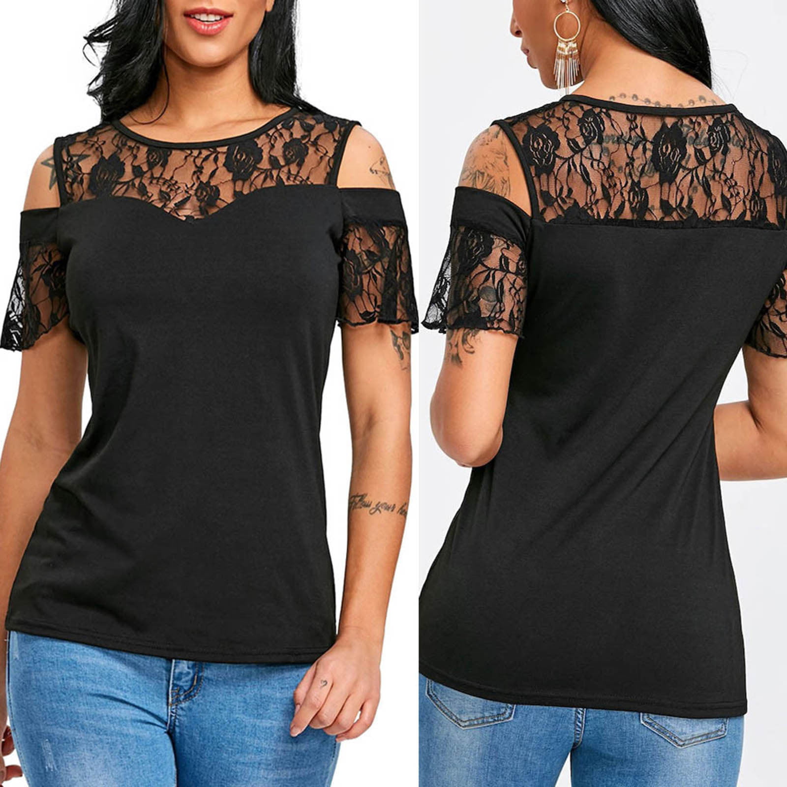 Women Fashion Casual Short Sleeve O-Neck Flower Lace Blouse Tops T-Shirt