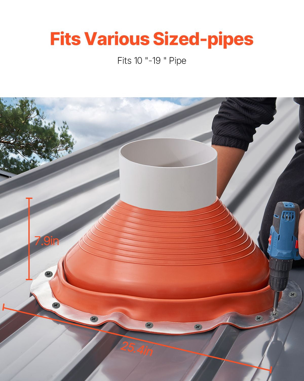 Roof Pipe Flashing Kit, 1 Pack Red Silicone Round Boot, 25.4 x 7.9", Fits Pipe OD 10" to 19", Aluminum Base, for Metal & Wood Roofs, Chimneys & Vents