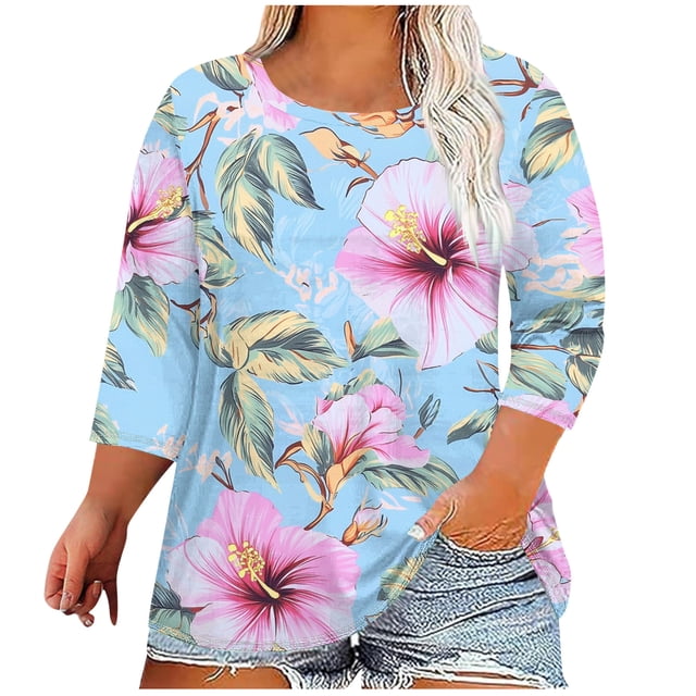 Hauts à Manches 3/4 pour Femmes Grande Taille, Col Rond Décontracté, T-Shirts Graphiques pour Femmes Âgées, Chandail Ample Tendance, Bleu Clair, 4TG