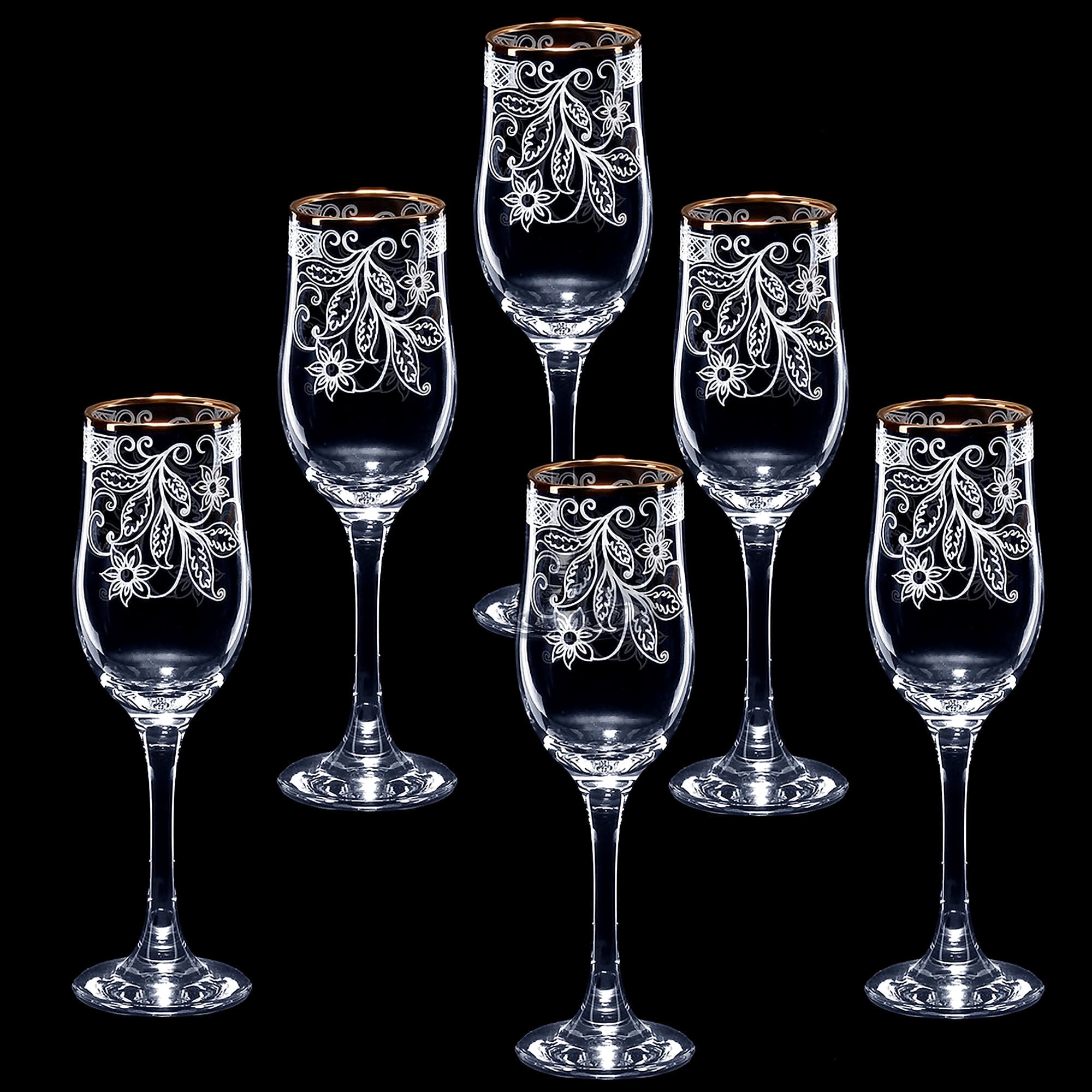 STP GOODS Acacia Wine Glass Set of 6 pcs 6.8 fl oz (200 ml) Floral Bar Glasses for Red and White Wine Glass Wine Goblets with Stem Champagne Flutes with Golden Rim, Bohemian Style, Clear