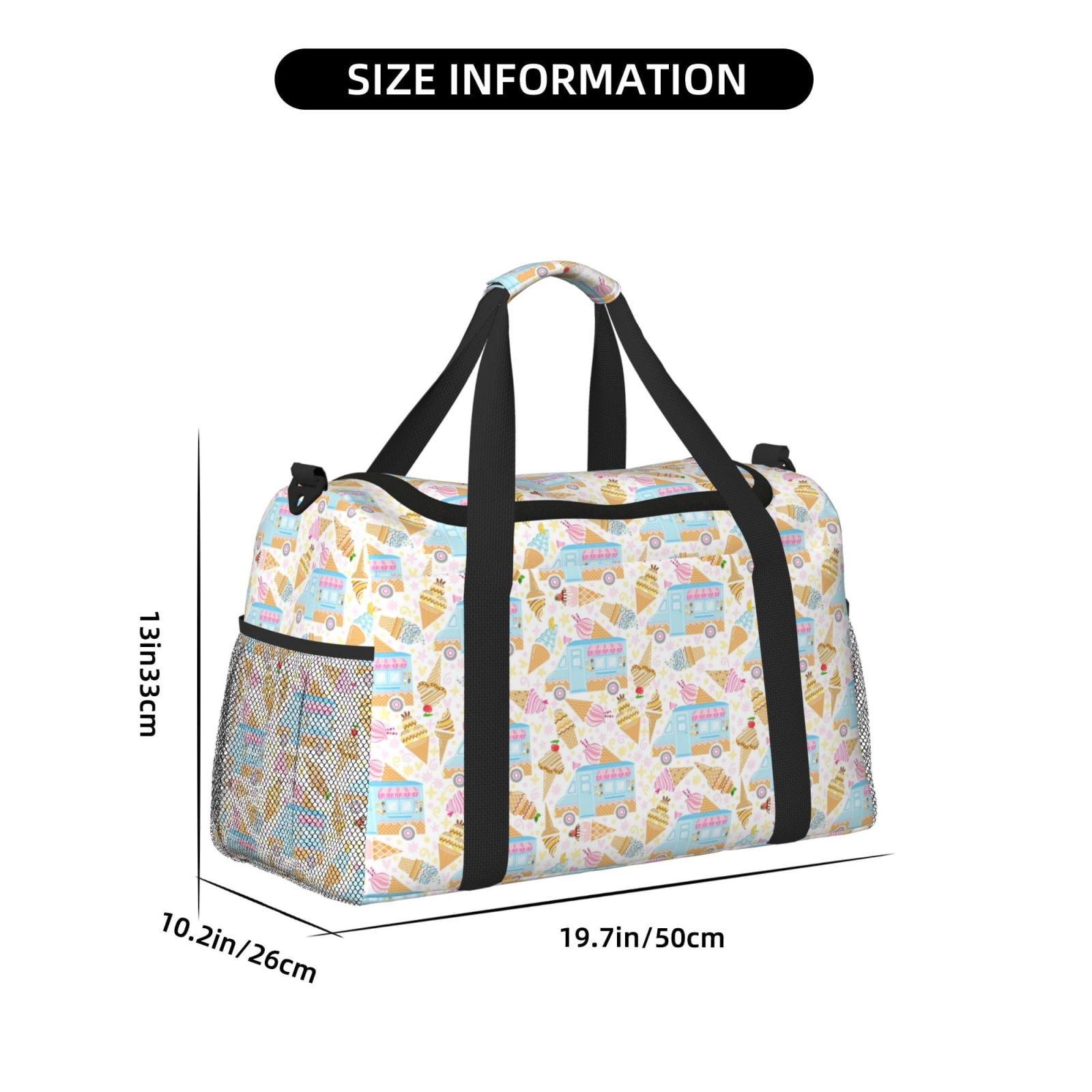 Picia Icecream Truck Print Travel Duffle Bag,Weekender Bags for Women with Shoe Compartment, Gym Duffel Bag with Wet Pocket, Hospital Bags for Labor and Delivery