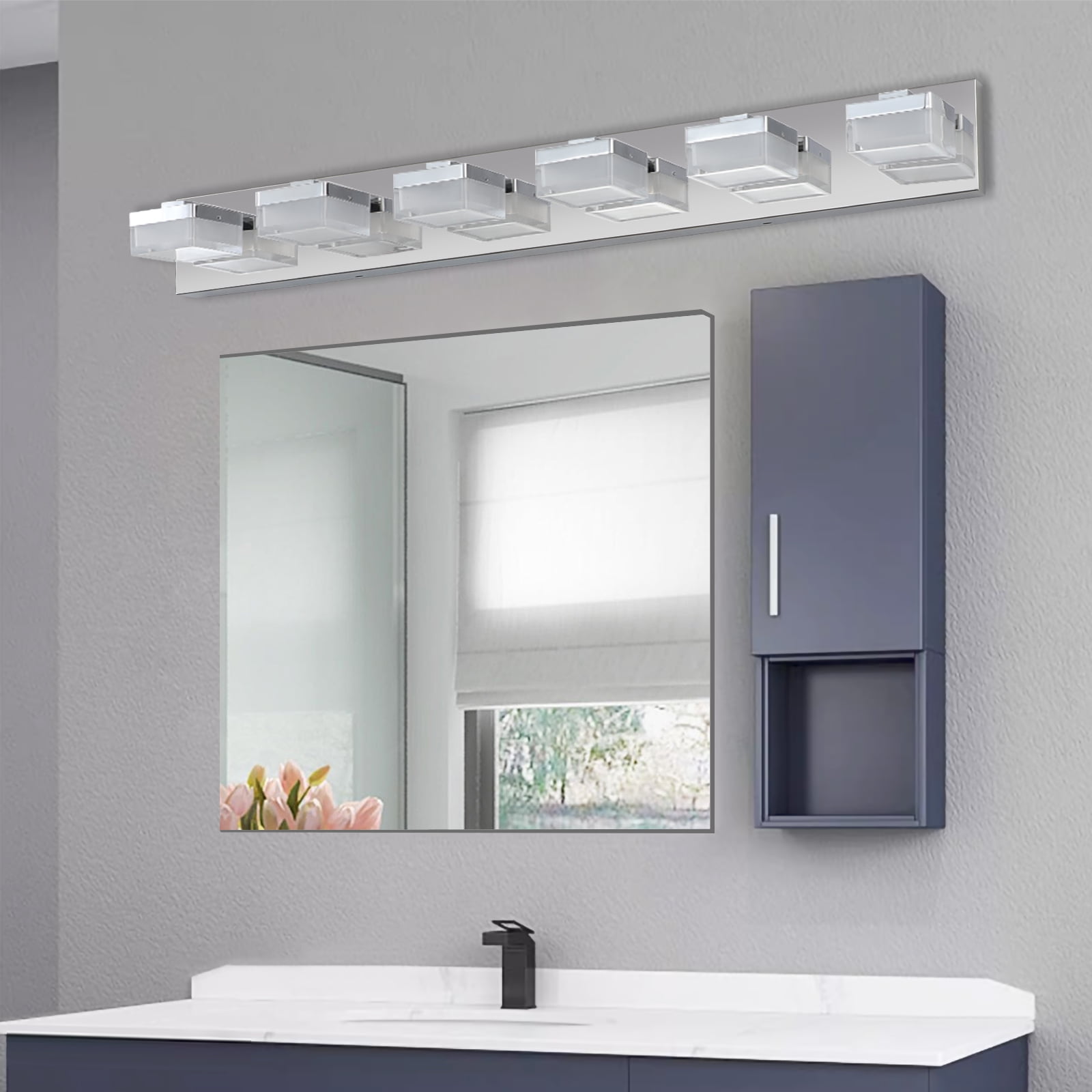 Noaman Modern 6-Light Chrome LED Vanity Mirror Light Fixture for Bathrooms & Makeup Tables, 38.2in Stainless Steel & Acrylic Anti-Fog Bathroom Lighting
