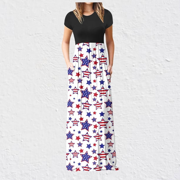 ICHUANYI Clearance Womens Fashion Summer Independence Day Printing Pocket Vacation Long Dress(Wine, L) ICHUANYI WER2023081108948