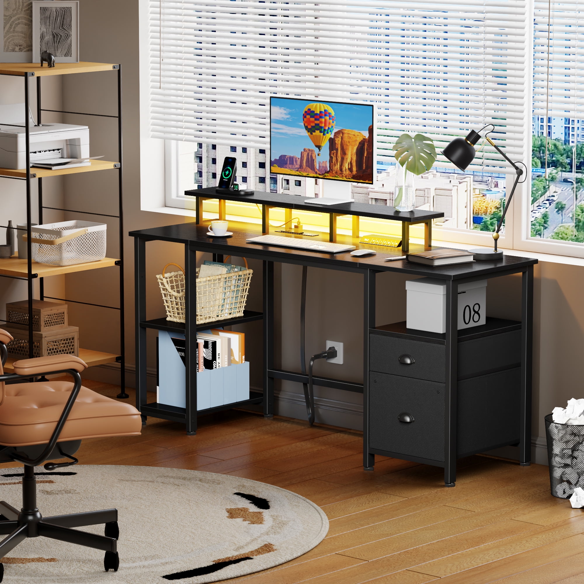 Satifur 61" Reversible 2-Tier Computer Desk with Power Outlet, LED Lights, File Cabinet & Storage Shelves,Black