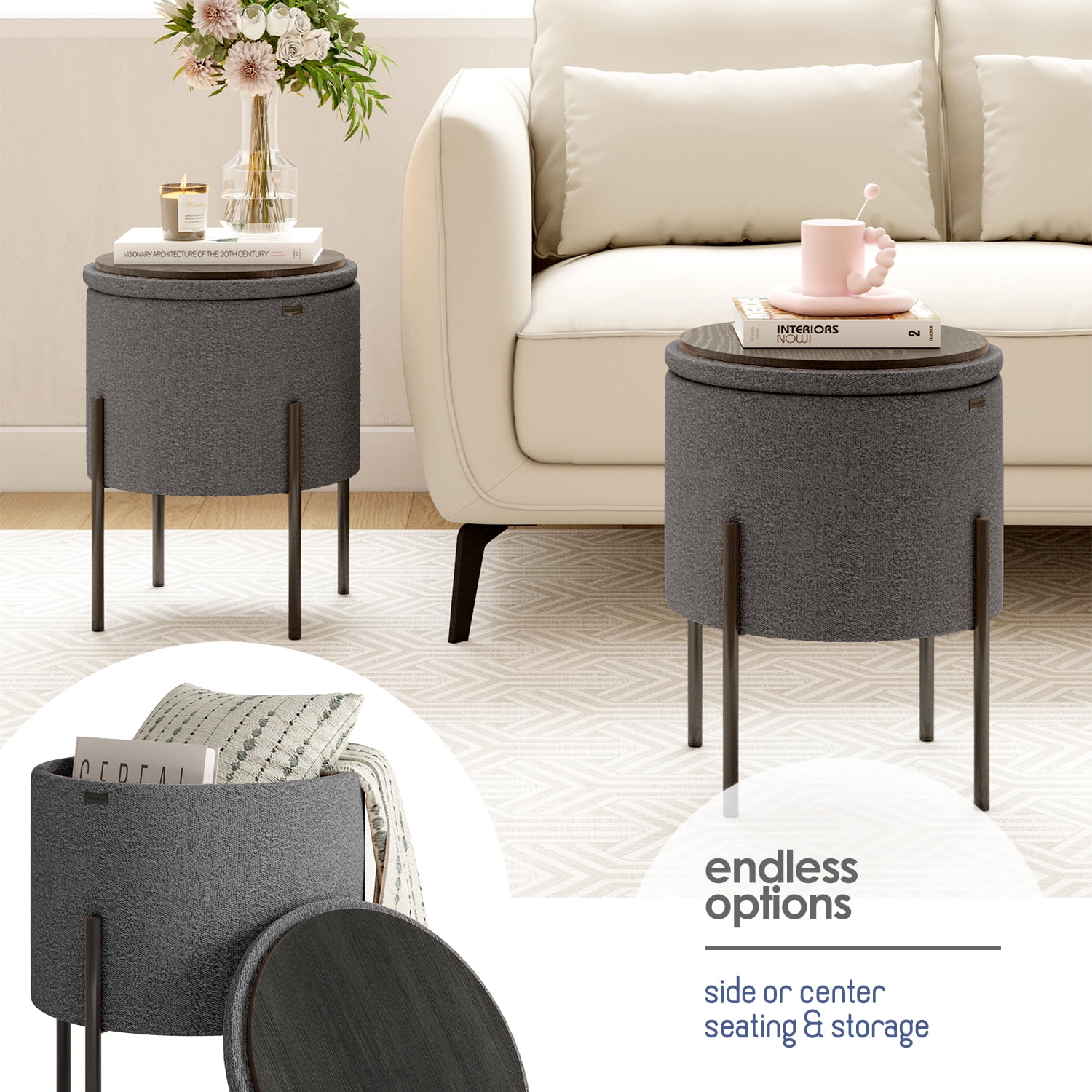 LammaLoe Small Round Ottoman with Storage, Boucle Ottoman Foot Stool with Lid, Upholstered Vanity Stool for Living Room & Bedroom, Grey