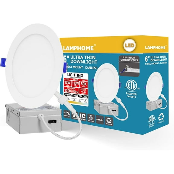 1-Pack of 6-Inch Slim LED Recessed Lights with Junction Box, Adjustable Color Temperatures (2700K-5000K), 12W Equivalent to 110W, Dimmable, 1050LM Brightness - ETL and Energy Star Certified