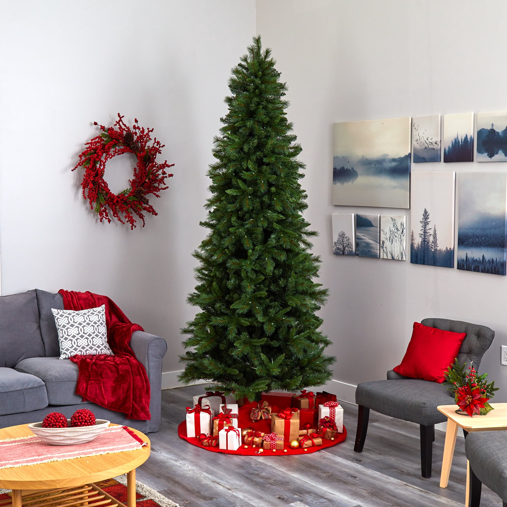 Nearly Natural Clear Prelit 600 LED Green Holiday Slim West Virginia Mountain Pine Artificial Christmas Tree, with 1359 Bendable Branches 9'
