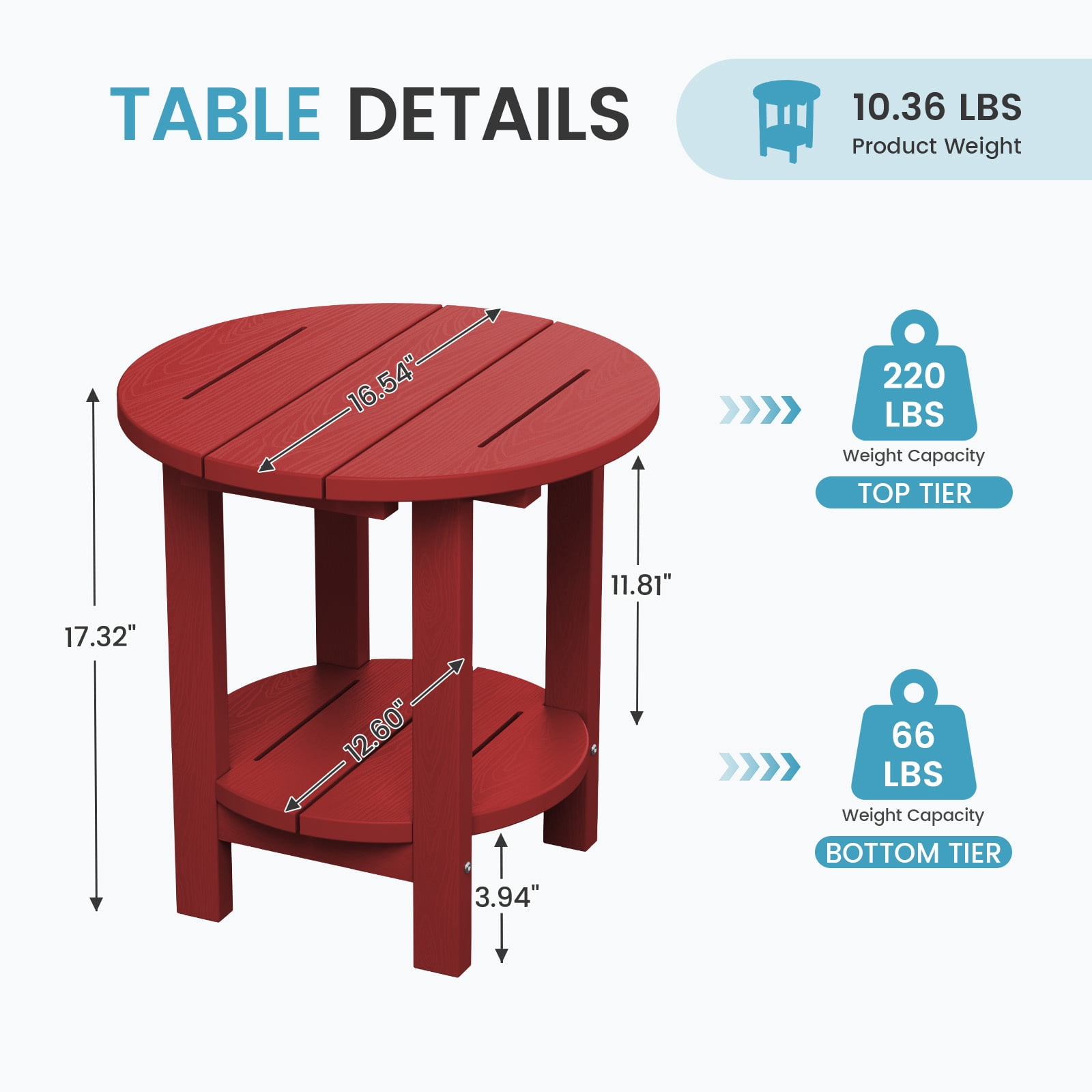 FUNDAZE 2-Tier Round HDPE Patio Side Table, End Tables For Living Room, Waterproof Indoor & Outdoor Small Table for Poolside, Garden, Dark Red