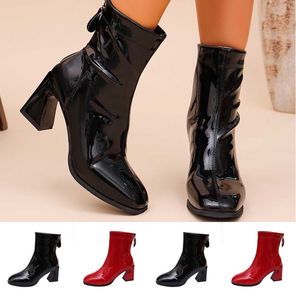 Women Square Toe Ankle Boots Block Heel Slip on Short Booties with Back Zipper Comfort Soft Leather Fashion Footwear Red 9(42)