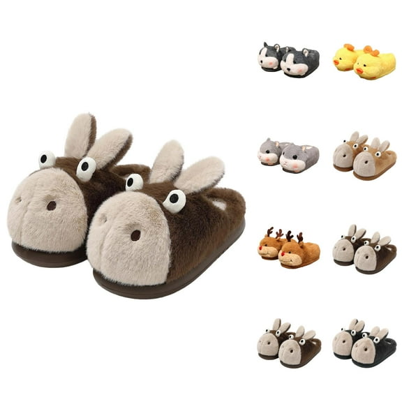 Couple Cartoon Animal Slippers With Padded Heels Winter Warm Indoor Floor Shoes