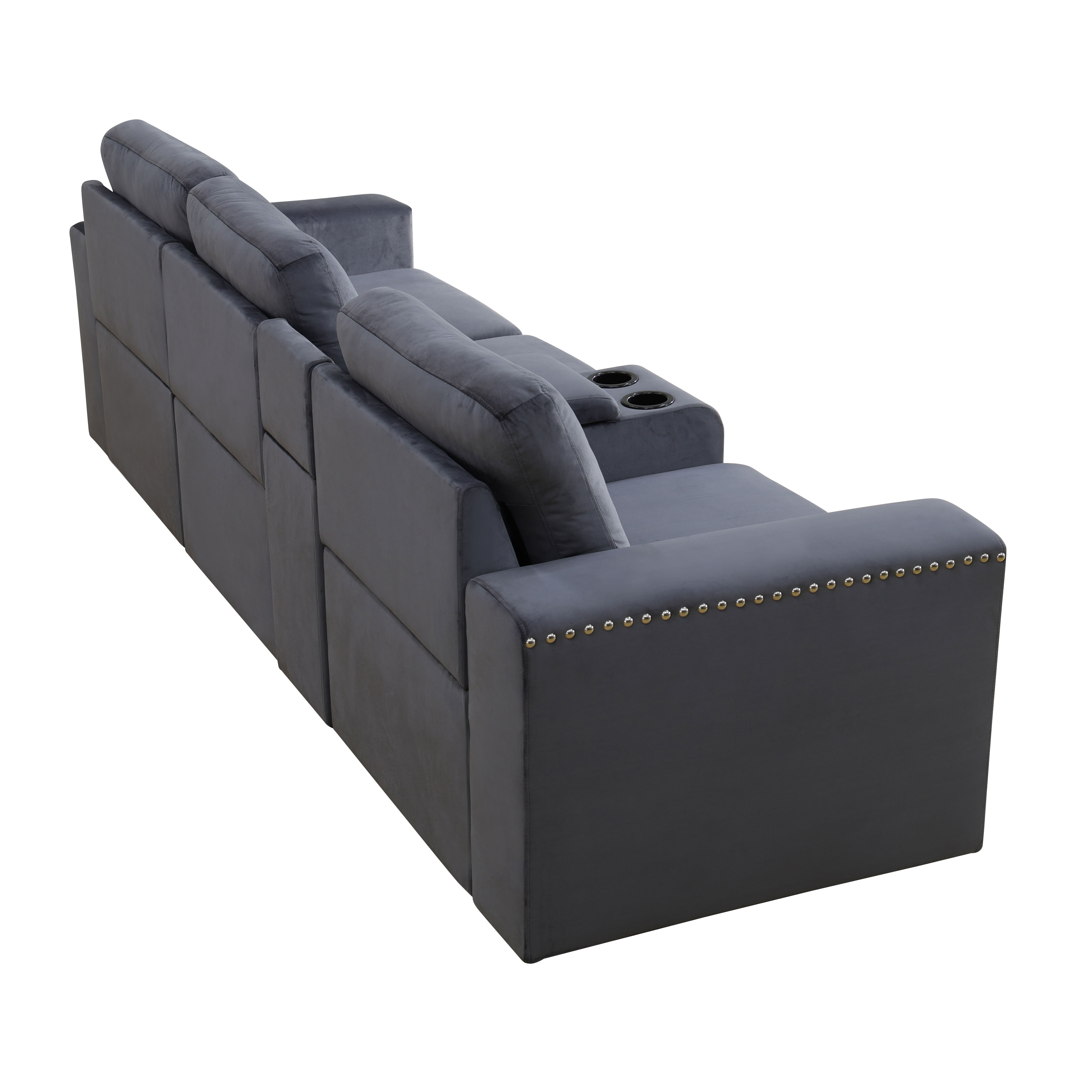 MAYEERTY 3-Seater Sofa, Upholstered Couch with Console, Cup Holders & Anti-Insect Solid Wood Frame, for Living Room Family Room Apartment, Dark Grey