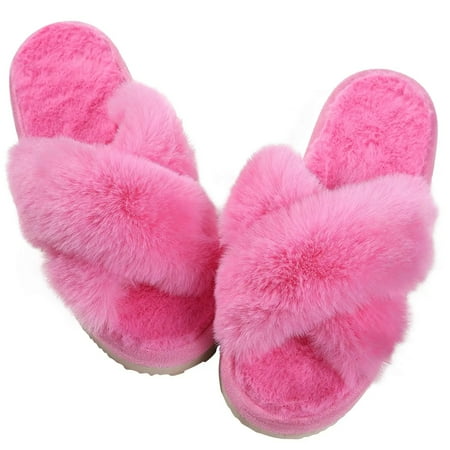 

Winter Fluffy Fur Slippers Women Fashion Plush Fuzzy Slippers Winter Indoor Open Toe Flats Shoes Feamle House Slippers
