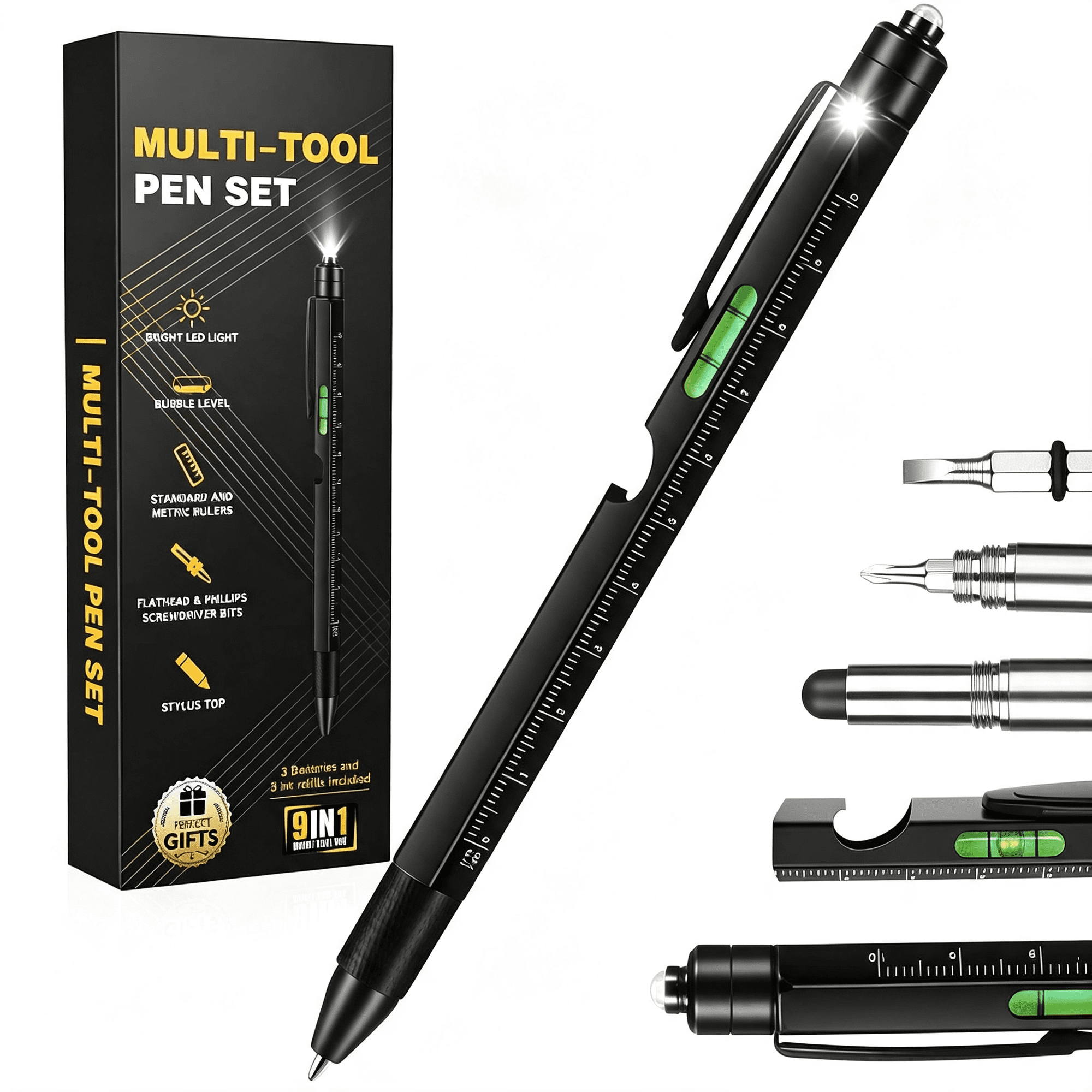 CCOCC Gifts for Men 9 in 1 Multitool Pen Set Cool Gadgets for Men Dad Him Boyfriend Husband Fathers Day Birthday Gifts Tool Pen with Led Light Stylus Screwdriver Bottle Opener Ruler Level(Black)