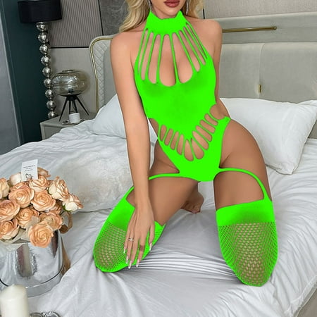 Clearance Clothes under $5 TMOYZQ Women s Fishnet Bodystocking Cut Out Lingerie Bodysuit Sheer Halter Tights Teddy Underwear Nightwear