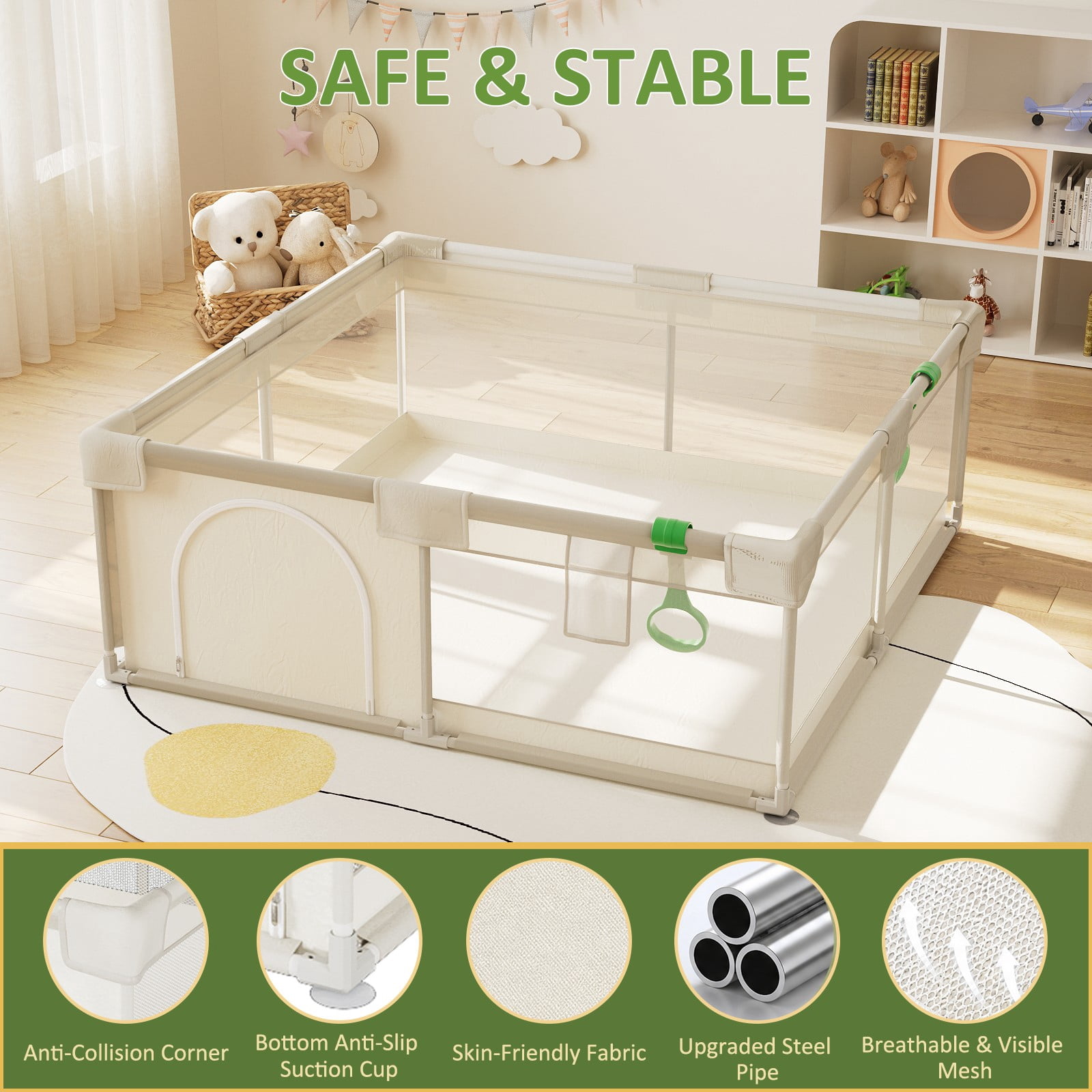 BEAUTYPEAK 60"x60" Large Baby Playpen Toddler Play Yard Fence for Boys and Girls, Light Gray
