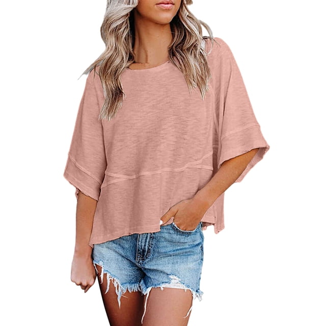 Blusa de manga media con cuello redondo lisa y casual para mujer: top de poliéster transpirable para el día a día o el trabajo, ligero y resistente a las arrugas
