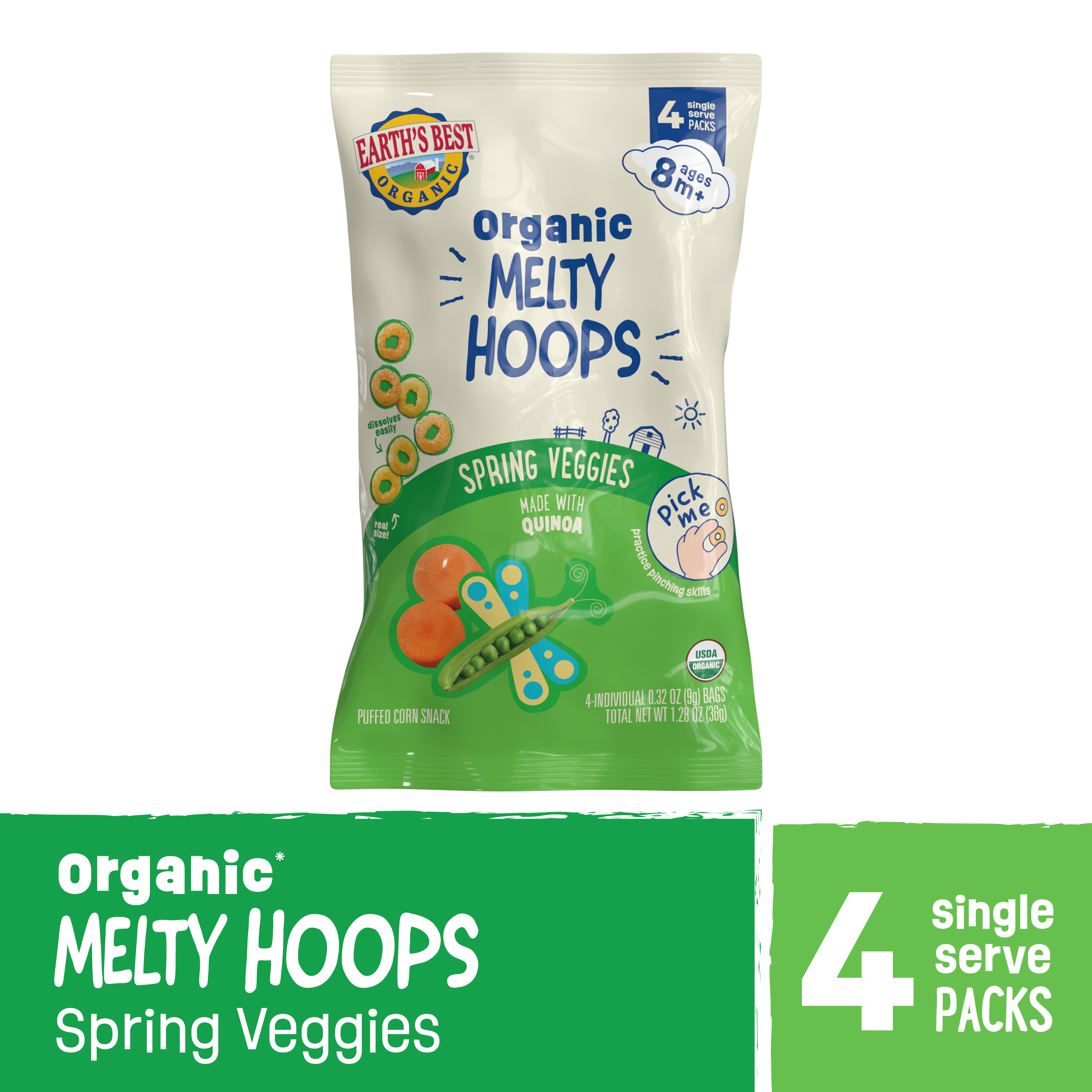 Earth's Best Organic Bite-Size Melty Hoops Spring Veggies Puffed Baby Snack, 0.32 oz Bags (4 Pack)