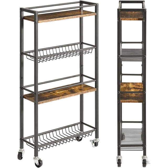 Carrito de cocina con ruedas, carrito de almacenamiento de 4 niveles con ruedas, para espacios estrechos, lavadero, comedor, baño, estantería de 32,7" de alto con cestas de malla, marrón rústico